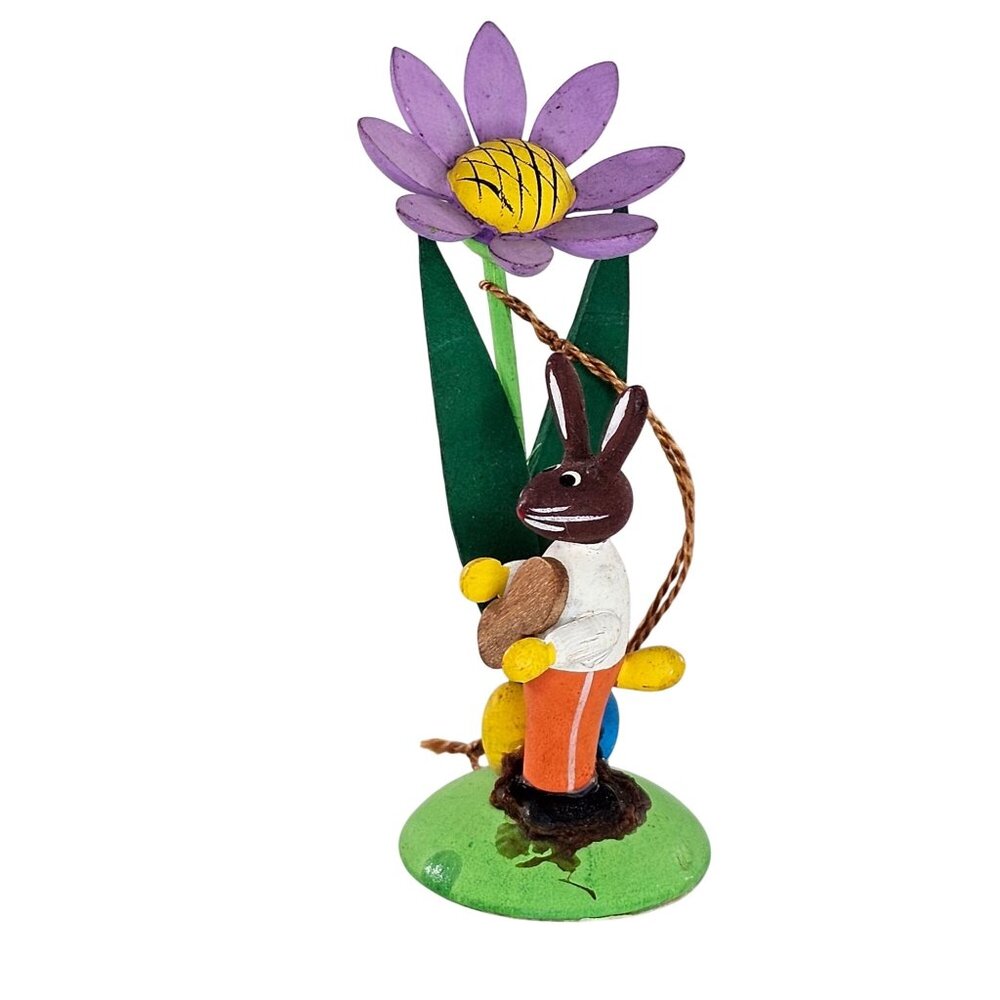 Vintage Germany Erzgebirge Painted Wood Bunny Rabbit Under Flower Easter Eggs